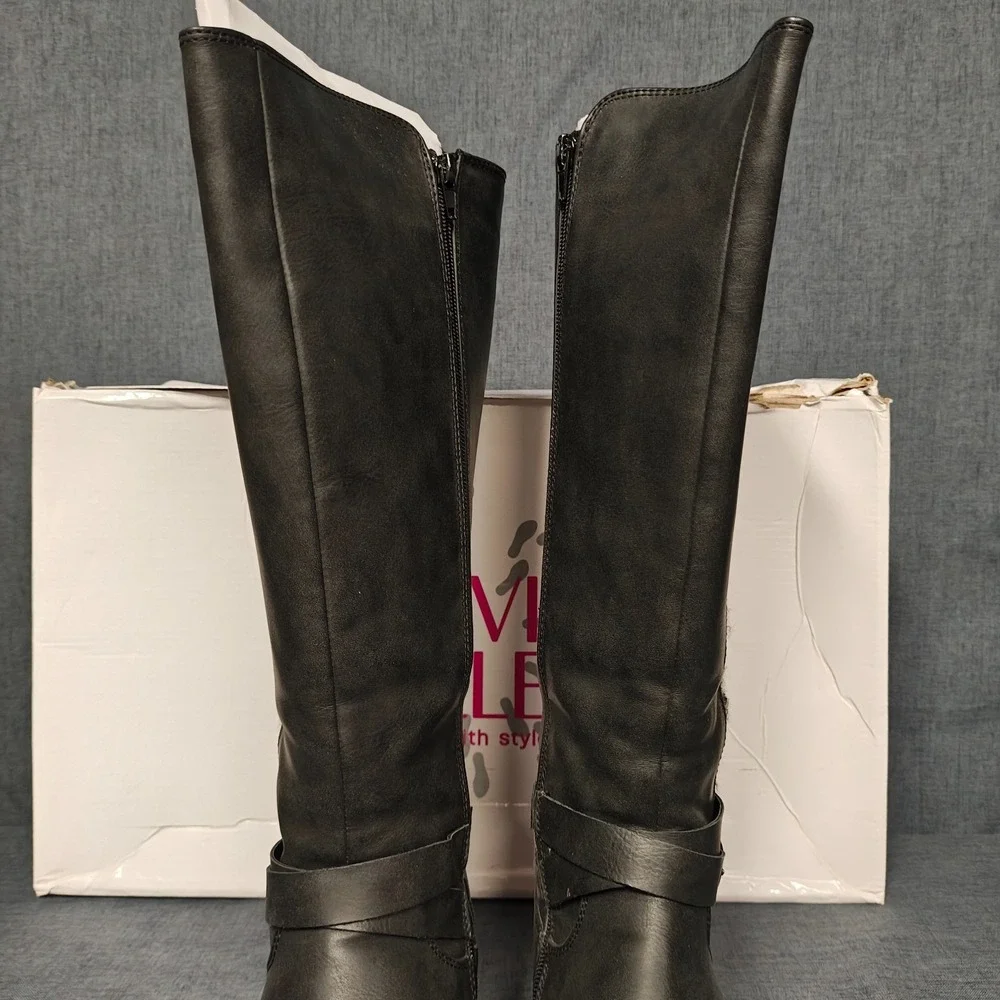 OLIVIA‎ MILLER Womens Black Knee High Boots Size 9 Side Buckle & Zipper